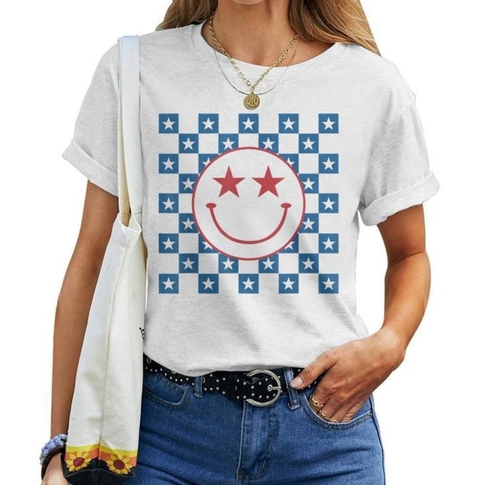 American Flag 4Th Of July Groovy Smiling Face Checkered T-shirt